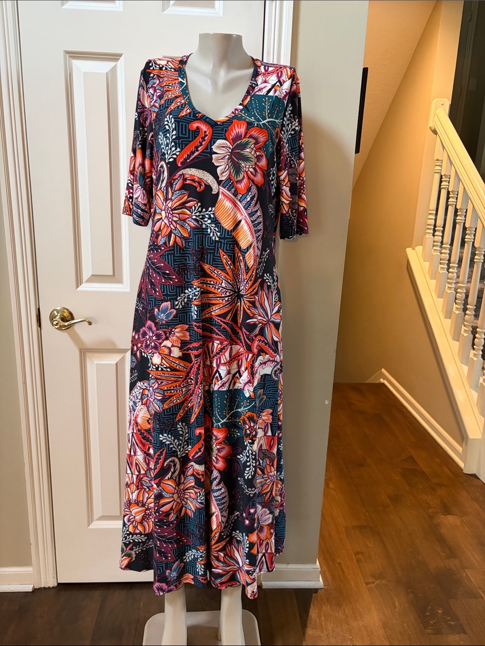 NWT Attitudes by Renee  Floral Maxi Dress with Orange & Pink Accents, XL